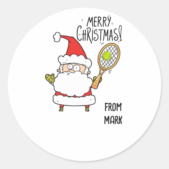 Tennis Christmas Holiday with ball and Santa funny Classic Round Sticker (Front)