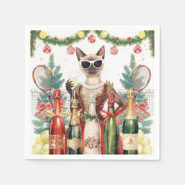 Tennis Christmas Party with Cat Players  Napkin (Front)