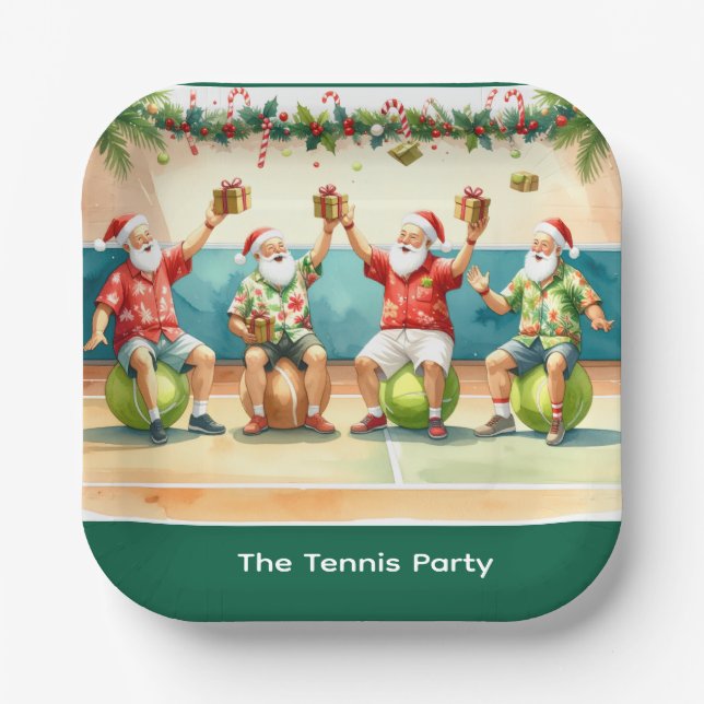 Tennis Christmas Summer with Santa Claus at beach  Paper Plate (Front)
