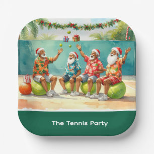 Tennis Christmas Summer with Santa Claus at beach Paper Plate