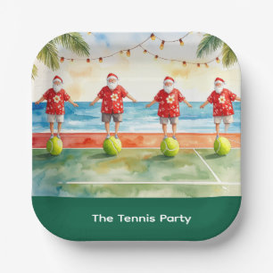 Tennis Christmas Summer with Santa Claus at beach Paper Plate