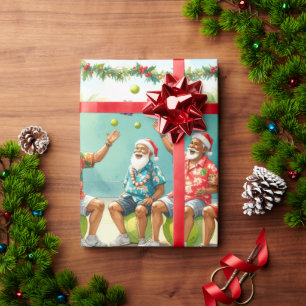 Tennis Christmas Summer with Santa Claus at beach Wrapping Paper