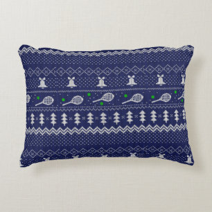 Tennis Christmas Sweater Knitted Pattern Blue  Decorative Cushion