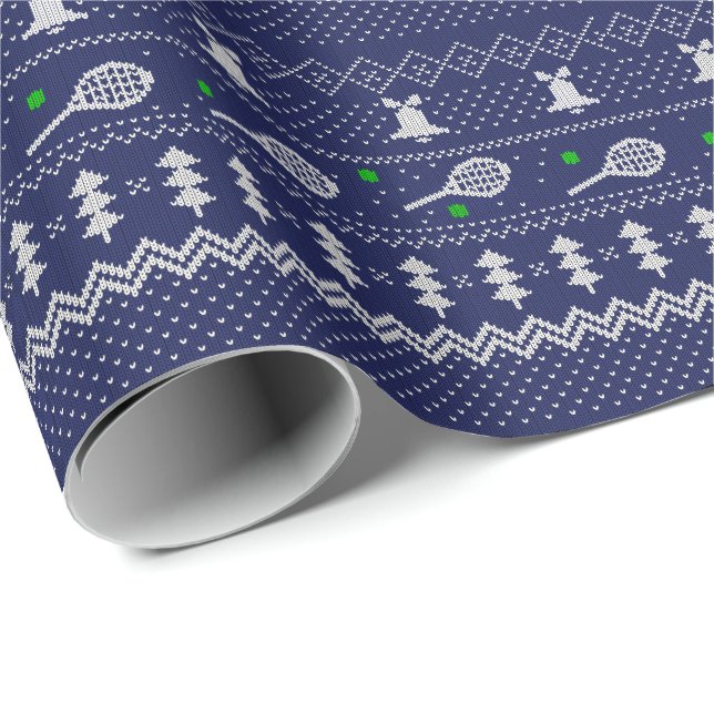 Tennis Christmas Sweater Knitted Pattern Blue Xmas Wrapping Paper (Roll Corner)