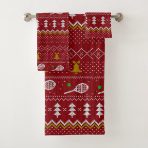 Tennis Christmas Sweater Knitted Pattern Red Xmas  Bath Towel Set