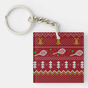 Tennis Christmas Sweater Knitted Pattern Red Xmas Key Ring