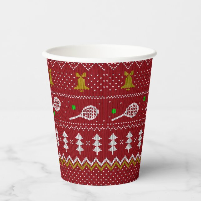 Tennis Christmas Sweater Knitted Pattern Red Xmas  Paper Cups (Front)