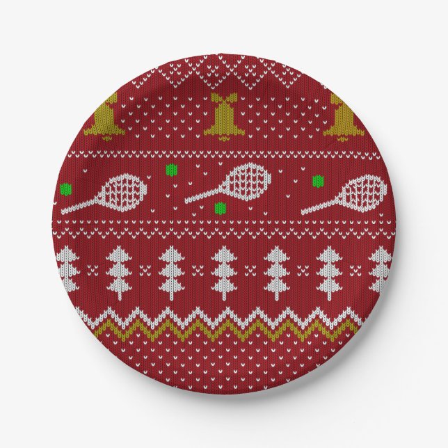 Tennis Christmas Sweater Knitted Pattern Red Xmas  Paper Plate (Front)