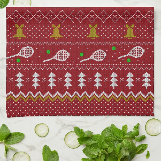 Tennis Christmas Sweater Knitted Pattern Red Xmas Tea Towel (Folded)