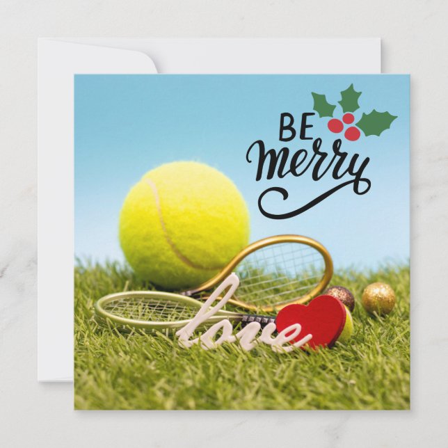 Tennis Christmas tennis ball and racket with love  Holiday Card (Front)