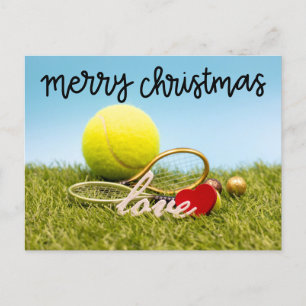 Tennis Christmas tennis ball and racket with love  Holiday Postcard
