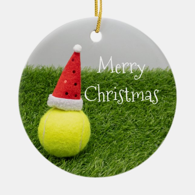 Tennis Christmas & tennis ball and Santa hat Ceramic Tree Decoration (Front)