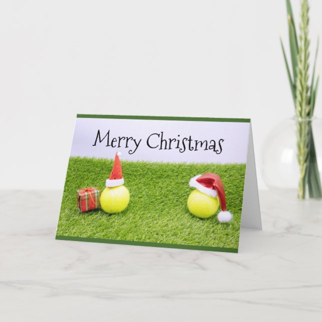 Tennis Christmas & tennis ball and Santa hat Postc Holiday Card (Front)