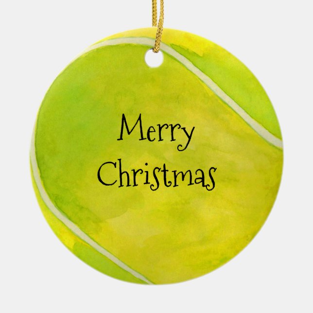 Tennis Christmas & tennis ball on yellow Ceramic Tree Decoration (Front)