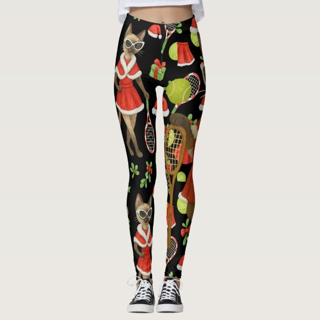 Tennis Christmas themed fir Siamese cat Lovers  Leggings (Front)