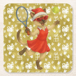 Tennis Christmas themed for Cat lovers Square Paper Coaster