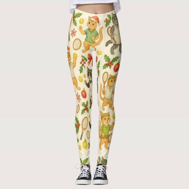 Tennis Christmas themed for Player cat lovers Leggings (Front)
