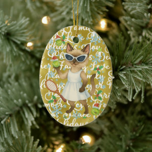 Tennis Christmas themed for player who loves cat Ceramic Tree Decoration
