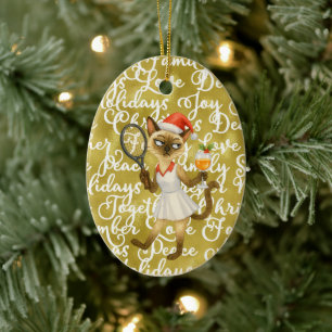 Tennis Christmas themed for player who loves cat Ceramic Tree Decoration