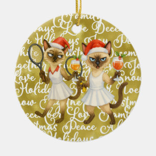 Tennis Christmas themed for player who loves cat Ceramic Tree Decoration
