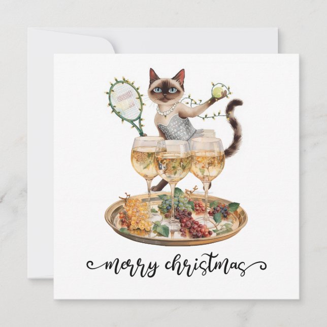 Tennis Christmas themed for Siamese Cat lovers Holiday Card (Front)