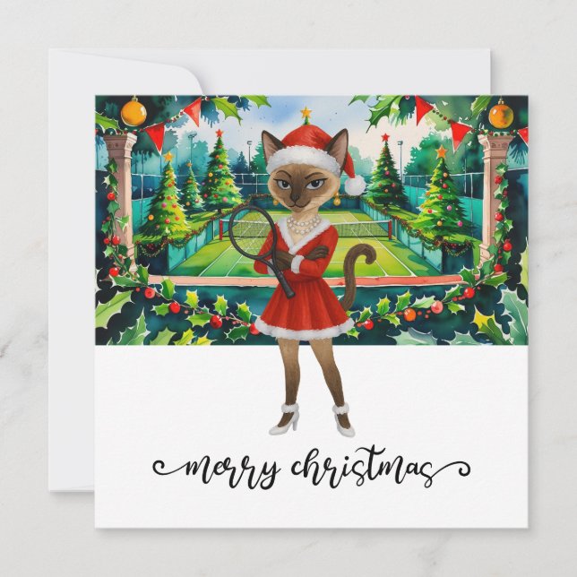 Tennis Christmas themed for Siamese Cat lovers Holiday Card (Front)