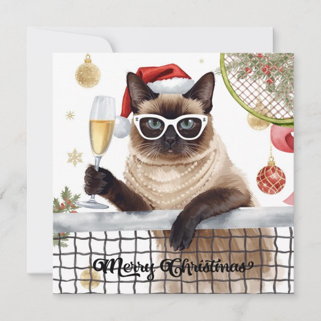 Tennis Christmas themed for Siamese Cat lovers Holiday Card (Front)