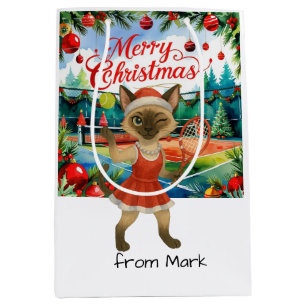 Tennis Christmas Themed for Siamese Cat Lovers Medium Gift Bag