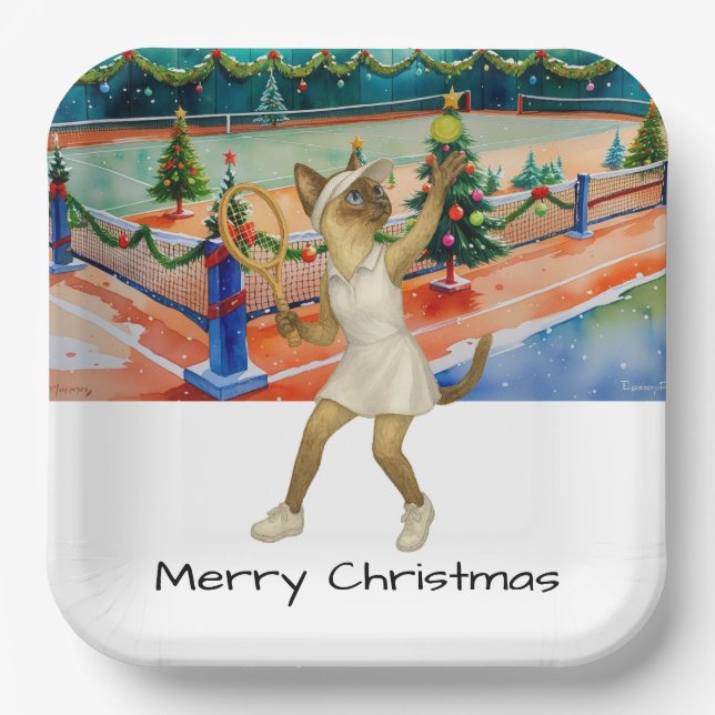 Tennis Christmas themed for Siamese Cat Lovers  Paper Plate (Front)
