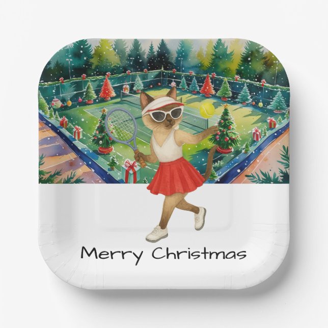 Tennis Christmas themed for Siamese Cat Lovers  Paper Plate (Front)