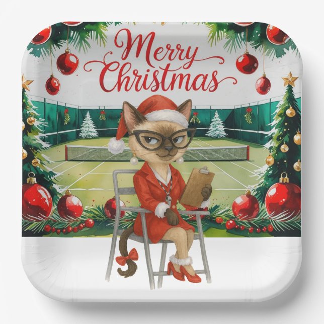 Tennis Christmas themed for Siamese Cat Lovers  Paper Plate (Front)