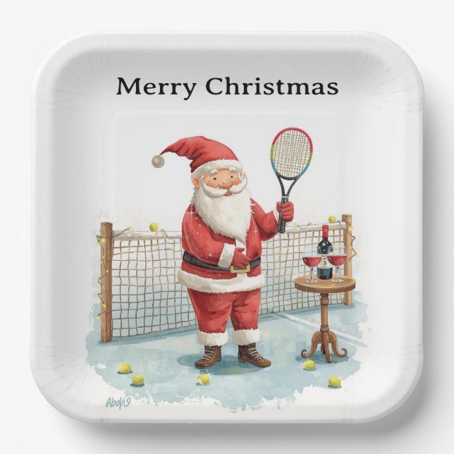 Tennis Christmas themed  SANTA  playing tennis Paper Plate (Front)