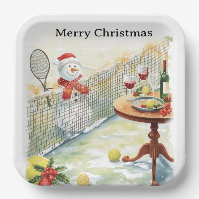 Tennis Christmas themed  Snowman playing tennis Paper Plate (Front)