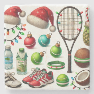 Tennis Christmas themed with racket and Santa hat Stone Coaster