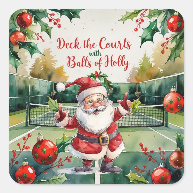 Tennis Christmas themed with Santa Claus on court Square Sticker (Front)