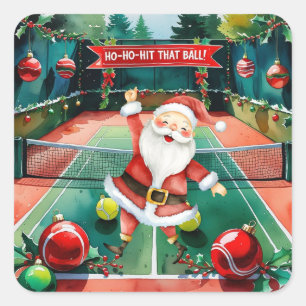 Tennis Christmas themed with Santa Claus on court Square Sticker