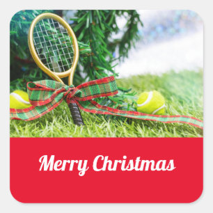 Tennis Christmas with ball and racket on tree Square Sticker