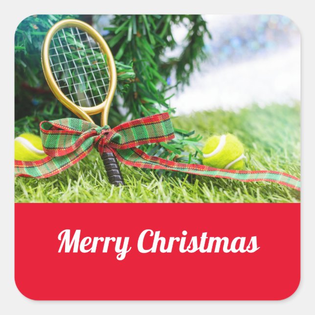 Tennis Christmas with ball and racket on tree Square Sticker (Front)