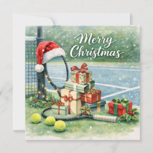 Tennis Christmas with Racket and ball on the court Holiday Card