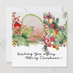 Tennis Christmas with Racket and Christmas Wreath  Holiday Card