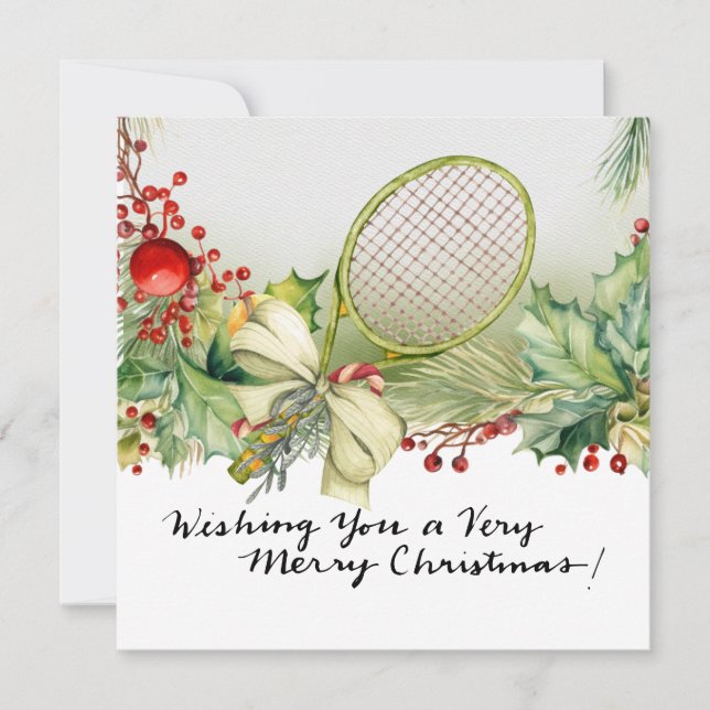 Tennis Christmas with Racket and Christmas Wreath  Holiday Card (Front)