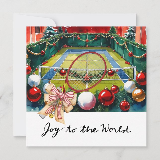 Tennis Christmas with Racket and Christmas Wreath  Holiday Card (Front)