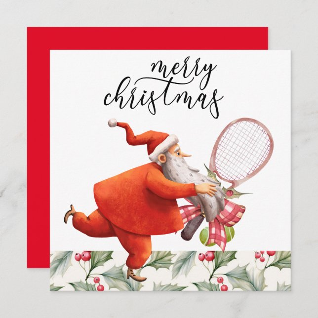 Tennis Christmas with Racket and Christmas Wreath  Holiday Card (Front/Back)