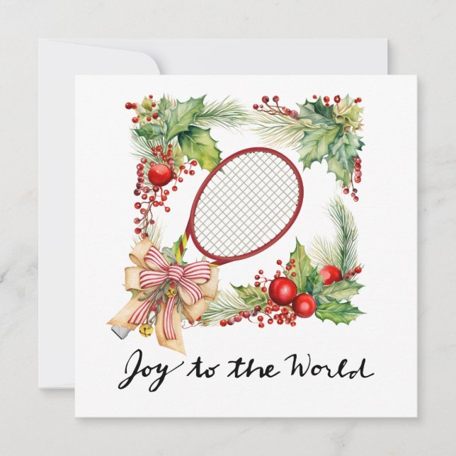 Tennis Christmas with Racket and Christmas Wreath  Holiday Card (Front)