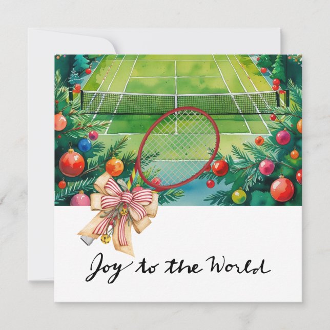 Tennis Christmas with Racket and Christmas Wreath  Holiday Card (Front)