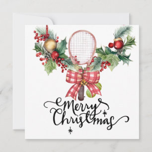 Tennis Christmas with Racket and Christmas Wreath  Holiday Card