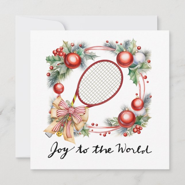 Tennis Christmas with Racket and Christmas Wreath  Holiday Card (Front)