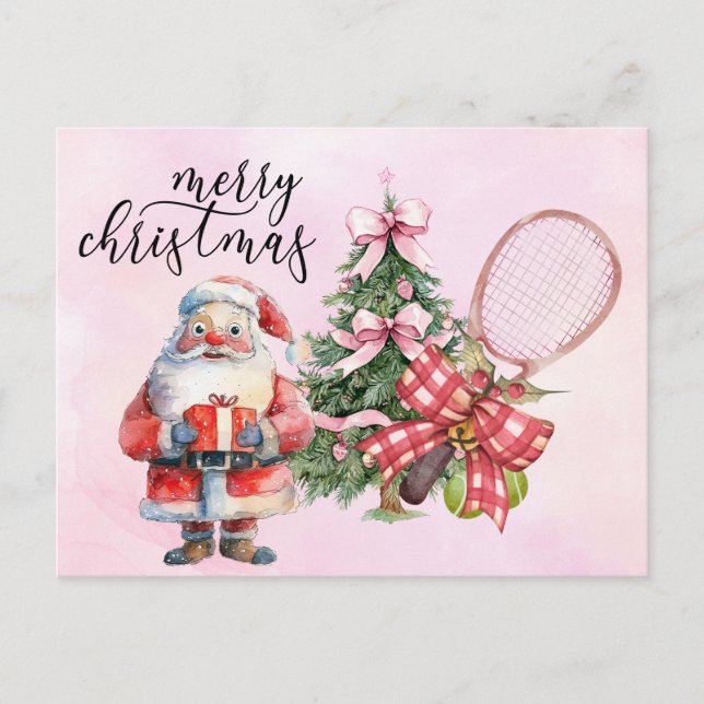 Tennis Christmas with Racket and Christmas Wreath  Holiday Postcard (Front)