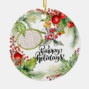 Tennis Christmas with Racket  watercolor Ceramic Tree Decoration
