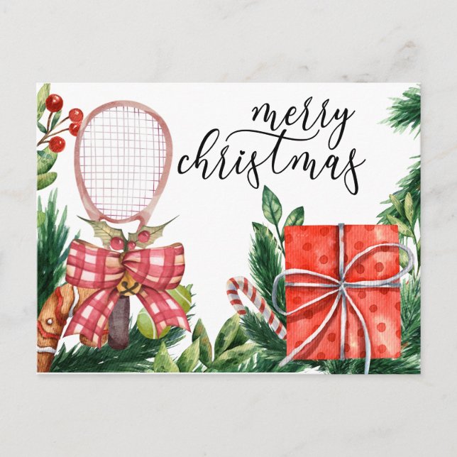 Tennis Christmas with Racket  watercolor Holiday Postcard (Front)